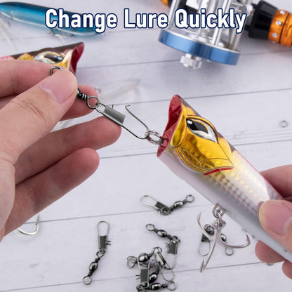 100-Pack Fishing Barrel Swivels with Snaps, Snap Tackle Stainless Safty Interlock Lure Hook Connector Clips Freshwater 31LB