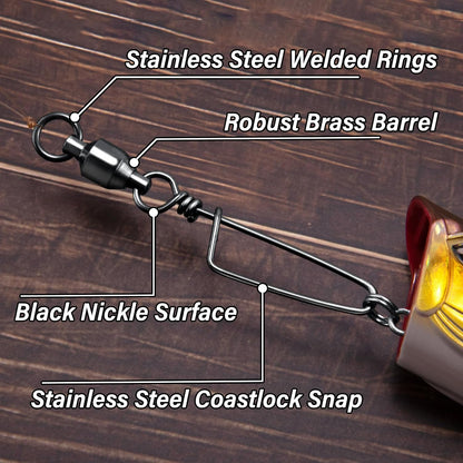 25-Pack Fishing Snap Swivels, High Strength Ball Bearing Swivel with Stainless Steel Coastlock Snaps, Black Nickel Coating Corrosion Resistance Freshwater Saltwater Snaps Swivels #9