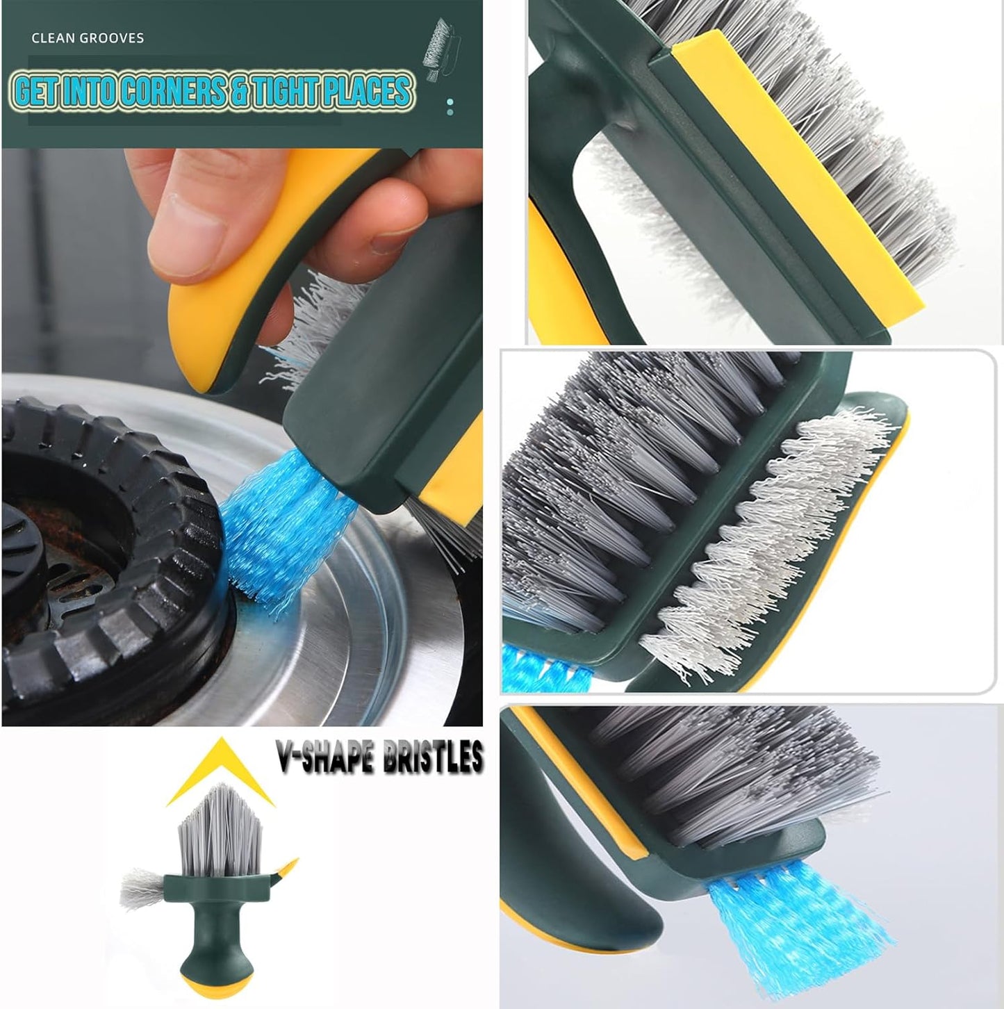 4-in-1 Grout Brush with Squeegee,Durable Bristles,Heavy-Duty Scrub Brushes for Cleaning Stiff Bristles Bathroom & Kitchen,Tile Floors Wall/Corner/Window (Green) Green