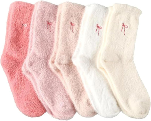 5 Pairs Fluffy Cosy Socks Ladies With Bow, Warm Winter Socks, Thick Furry For Home, Thermal Ladies, Soft Sleep