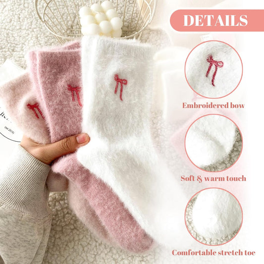 5 Pairs Fluffy Cosy Socks Ladies With Bow, Warm Winter Socks, Thick Furry For Home, Thermal Ladies, Soft Sleep