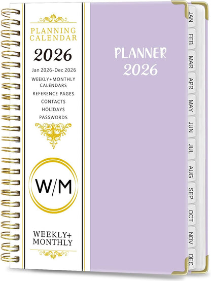 2026 Weekly and Monthly Planner, Jan-Dec, Spiral-Bound with Tabs, Inner Pocket, 6.2" x 8.5" Year Planner Calendar (Purple, 8.5")