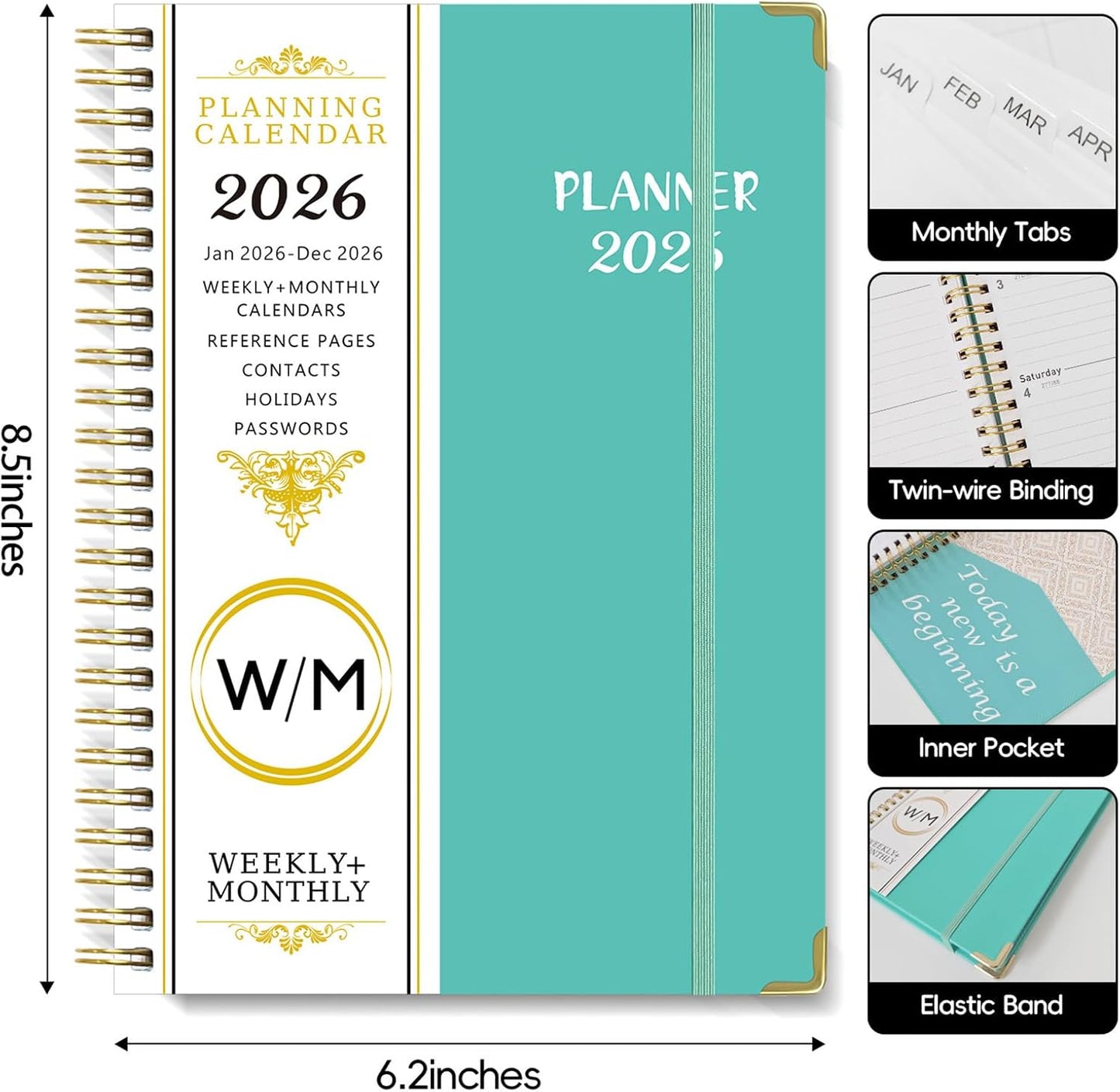 2026 Weekly and Monthly Planner, Jan-Dec, Spiral-Bound with Tabs, Inner Pocket, 6.2" x 8.5" Year Planner Calendar (Purple, 8.5")