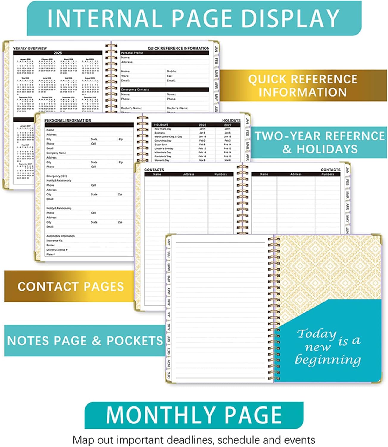2026 Weekly and Monthly Planner, Jan-Dec, Spiral-Bound with Tabs, Inner Pocket, 6.2" x 8.5" Year Planner Calendar (Purple, 8.5")