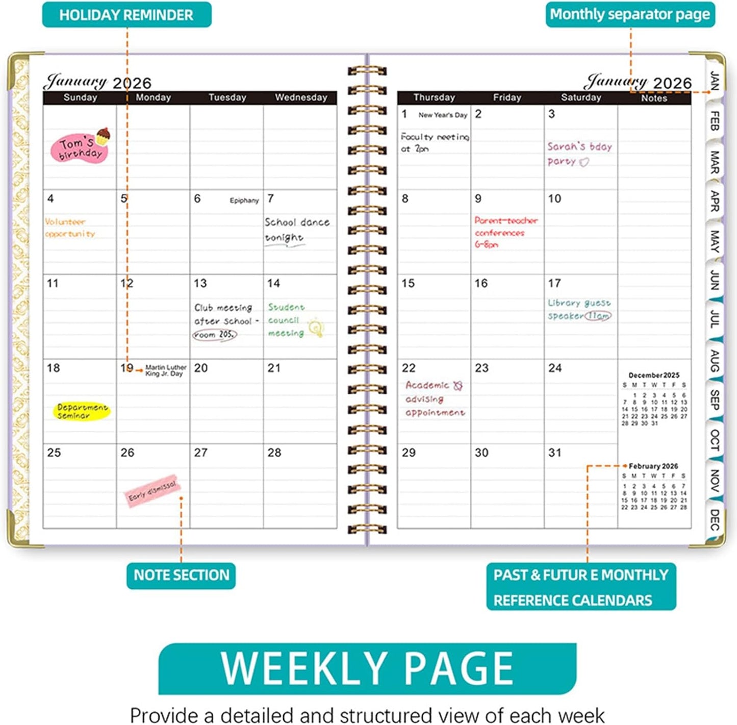 2026 Weekly and Monthly Planner, Jan-Dec, Spiral-Bound with Tabs, Inner Pocket, 6.2" x 8.5" Year Planner Calendar (Purple, 8.5")