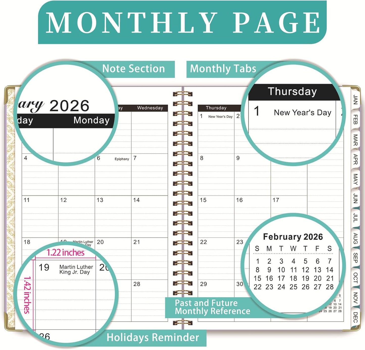 2026 Weekly and Monthly Planner, Jan-Dec, Spiral-Bound with Tabs, Inner Pocket, 6.2" x 8.5" Year Planner Calendar (Purple, 8.5")