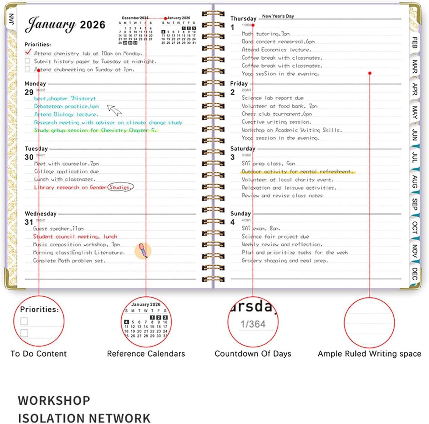 2026 Weekly and Monthly Planner, Jan-Dec, Spiral-Bound with Tabs, Inner Pocket, 6.2" x 8.5" Year Planner Calendar (Purple, 8.5")