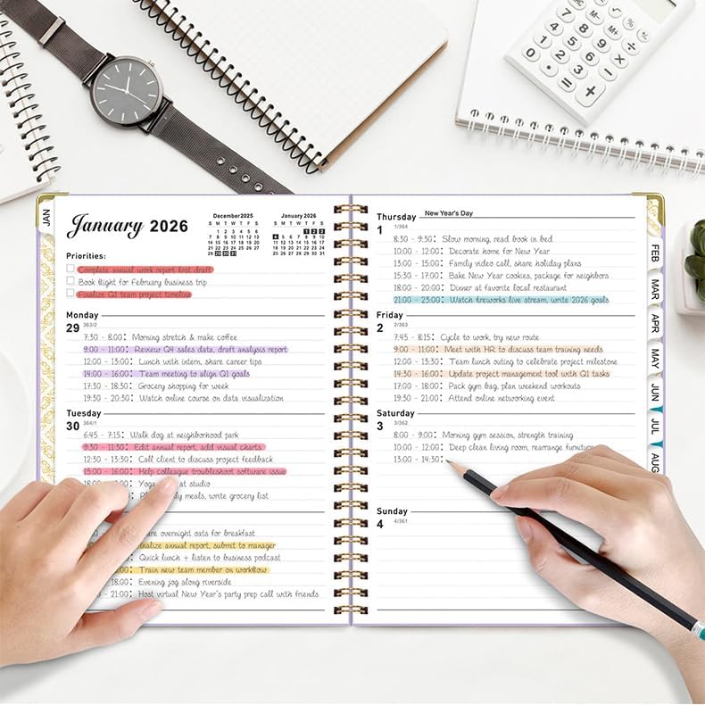 2026 Weekly and Monthly Planner, Jan-Dec, Spiral-Bound with Tabs, Inner Pocket, 6.2" x 8.5" Year Planner Calendar (Purple, 8.5")