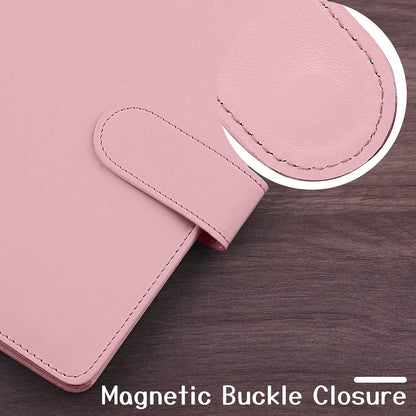 Petluno A6 PU Leather Notebook Binder 6 Ring Refillable Budget Cover for Refill Paper, Loose Leaf Personal Planner Organizer with Magnetic Buckle School, Office, Travel & Photocard, Pink