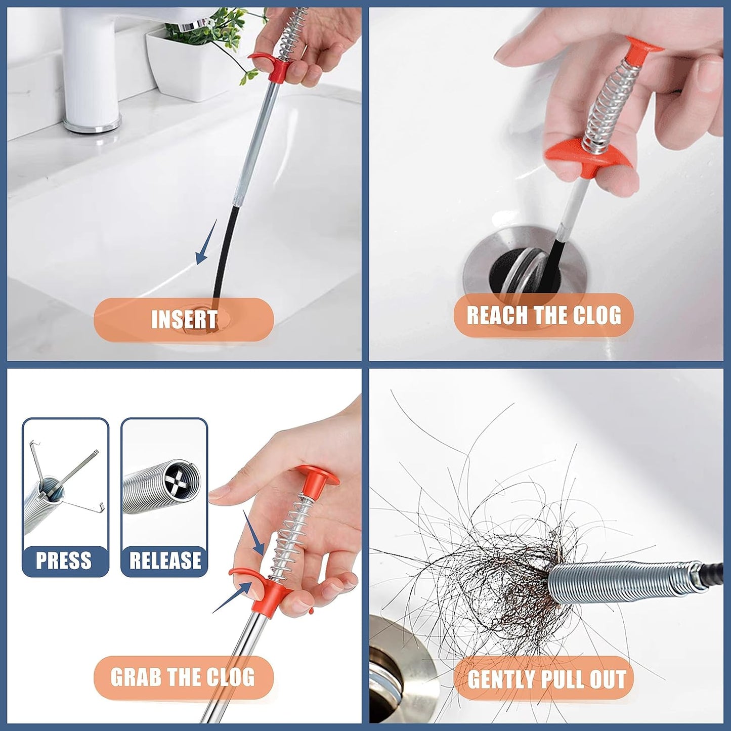 35.5-inch Drain Clog Remover (1 piece), 25-inch Snake Hair Remover (6 pieces) & Cleaning Brush (2 pieces), Catcher Auger Cleaner Tool Set For Toilet, Kitchen Sink, Bathroom Tub, Sewer, 9 Pack