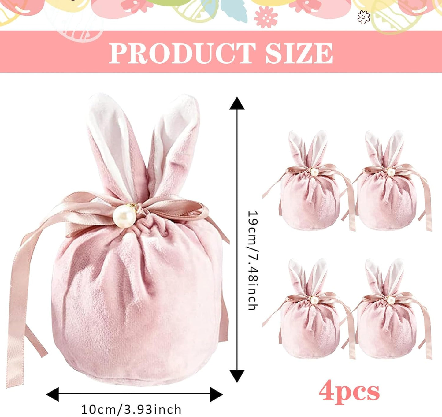 Easter bags with drawstring, 4 pieces of velvet Easter bags, ear-shaped Easter bags, for filling, for candy, cookies, snacks pink