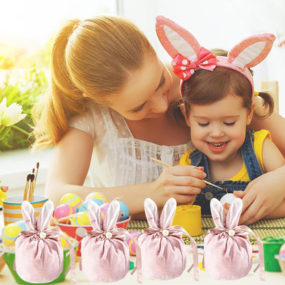 Easter bags with drawstring, 4 pieces of velvet Easter bags, ear-shaped Easter bags, for filling, for candy, cookies, snacks pink