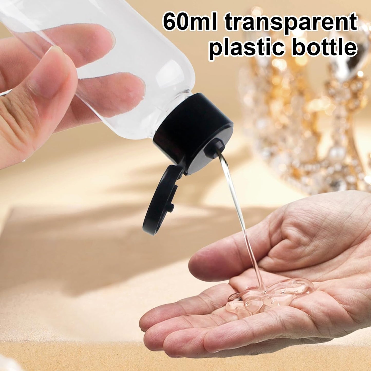 5-piece travel bottle set with flip-cap, 60 ml refillable plastic bottles, empty dispenser for shampoo, travel size, lotion, essential oils, makeup remover, transparent and leak-proof