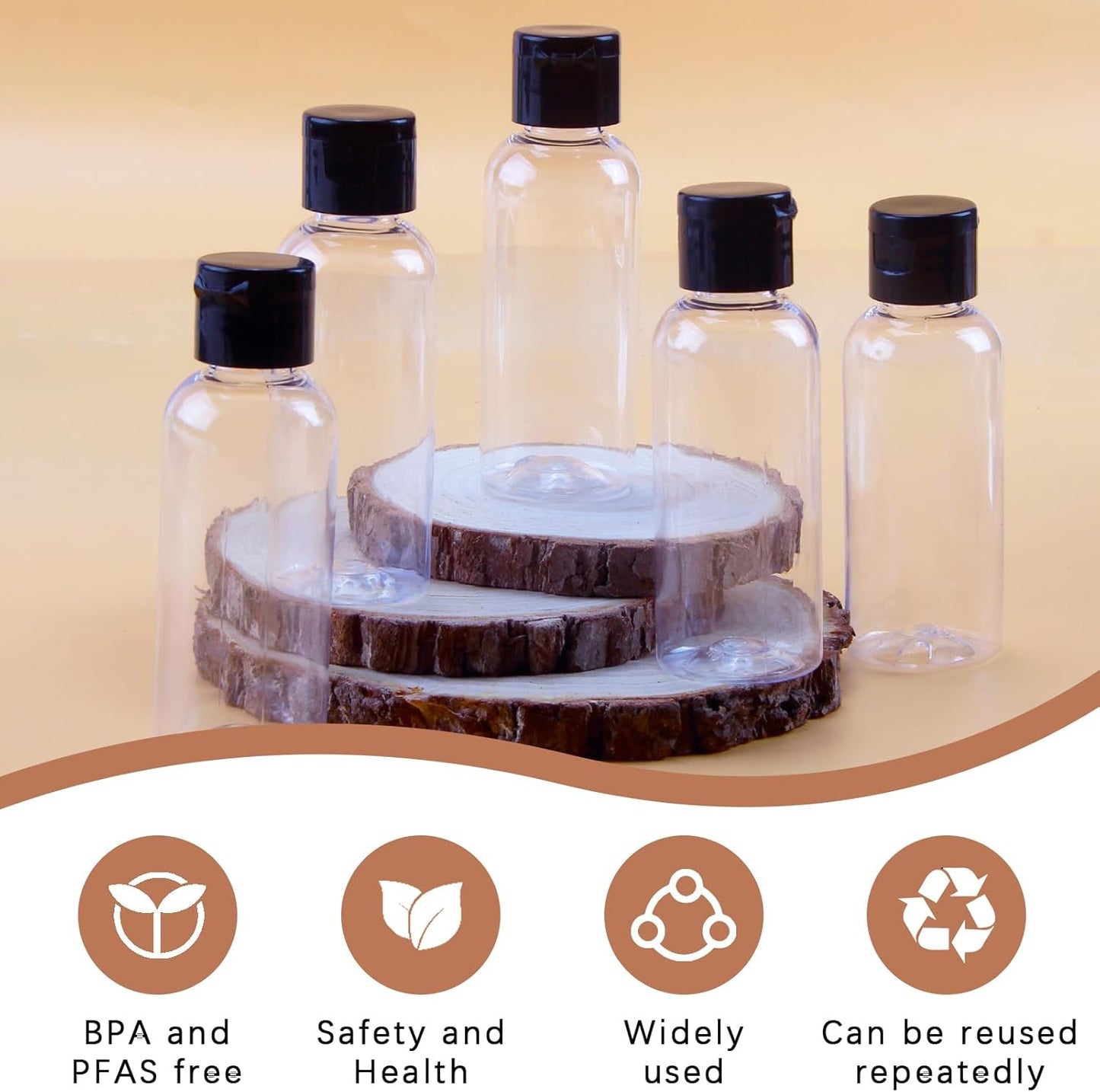 5-piece travel bottle set with flip-cap, 60 ml refillable plastic bottles, empty dispenser for shampoo, travel size, lotion, essential oils, makeup remover, transparent and leak-proof