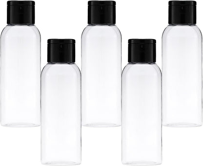 5-piece travel bottle set with flip-cap, 60 ml refillable plastic bottles, empty dispenser for shampoo, travel size, lotion, essential oils, makeup remover, transparent and leak-proof