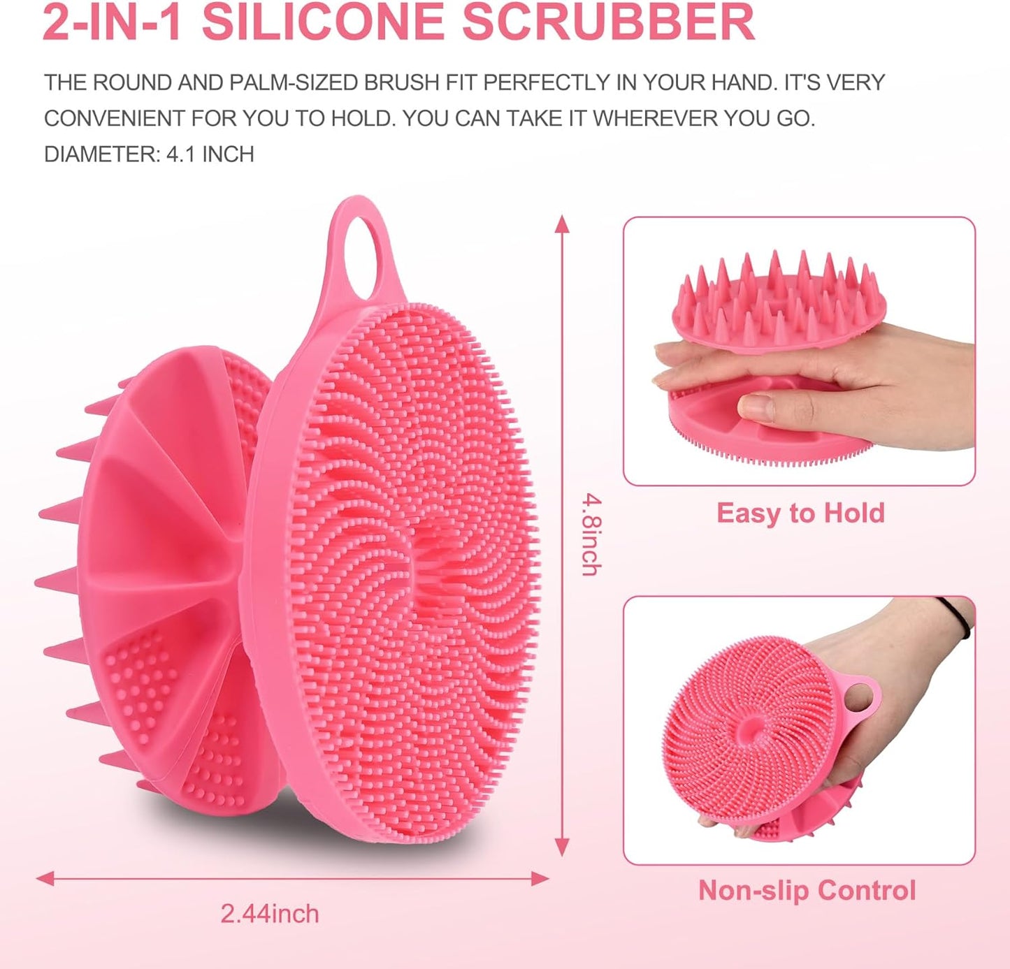 2-in-1 Silicone Body Scrubber and Scalp Massager Shampoo Brush, Food-Grade Soft Material, More Hygienic, Easily Lather, Convenient for Travel, Gym, Business,etc (Pink)