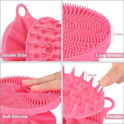 2-in-1 Silicone Body Scrubber and Scalp Massager Shampoo Brush, Food-Grade Soft Material, More Hygienic, Easily Lather, Convenient for Travel, Gym, Business,etc (Pink)
