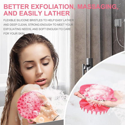 2-in-1 Silicone Body Scrubber and Scalp Massager Shampoo Brush, Food-Grade Soft Material, More Hygienic, Easily Lather, Convenient for Travel, Gym, Business,etc (Pink)
