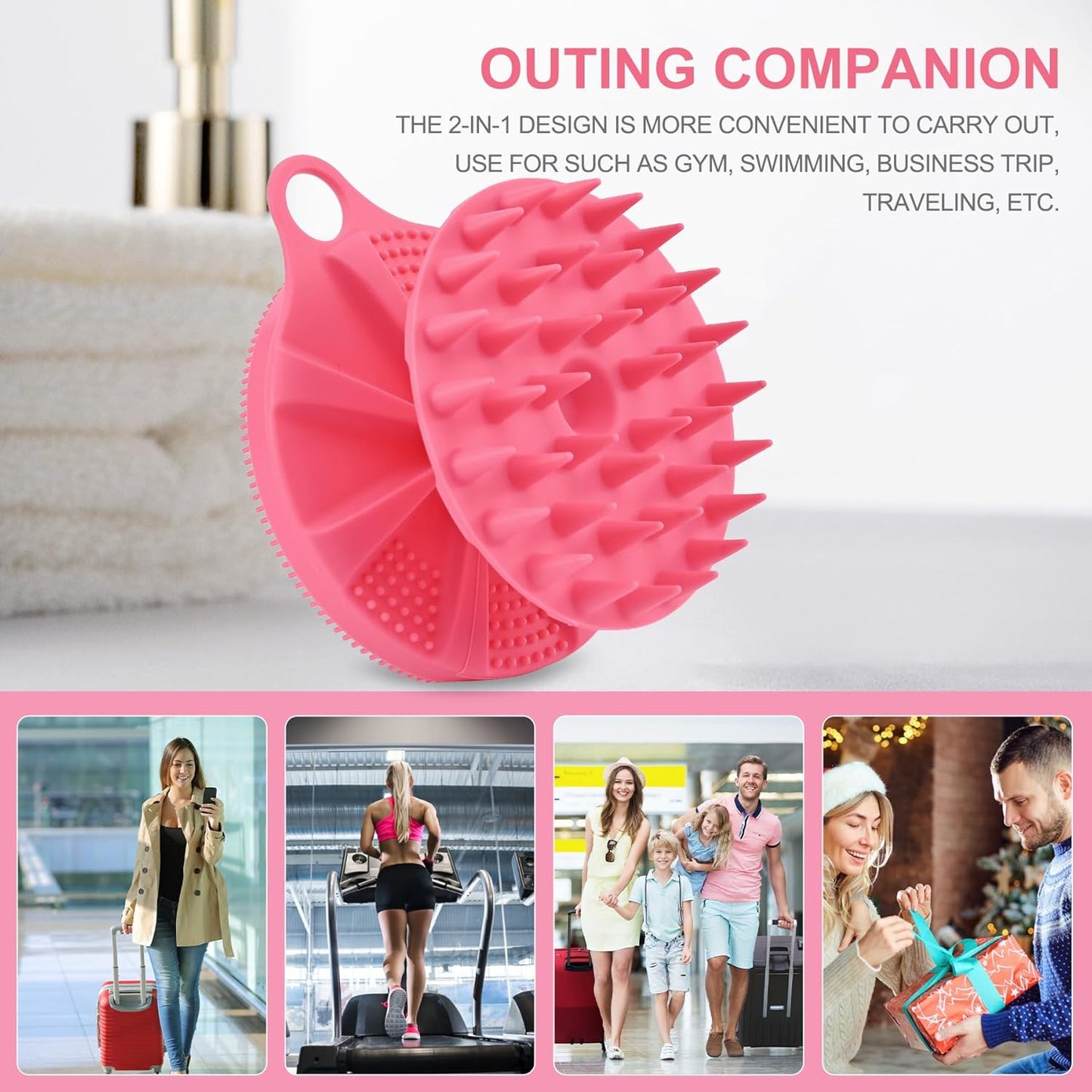 2-in-1 Silicone Body Scrubber and Scalp Massager Shampoo Brush, Food-Grade Soft Material, More Hygienic, Easily Lather, Convenient for Travel, Gym, Business,etc (Pink)