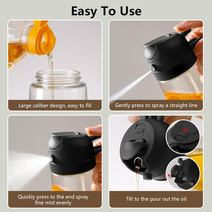 Oil Sprayer for Cooking, 470ml/16oz 2 in 1 Oil Dispenser and Oil Sprayer, Glass Olive Oil Bottle Pourer for Kitchen, Cooking, Salad, Barbecue (Black)