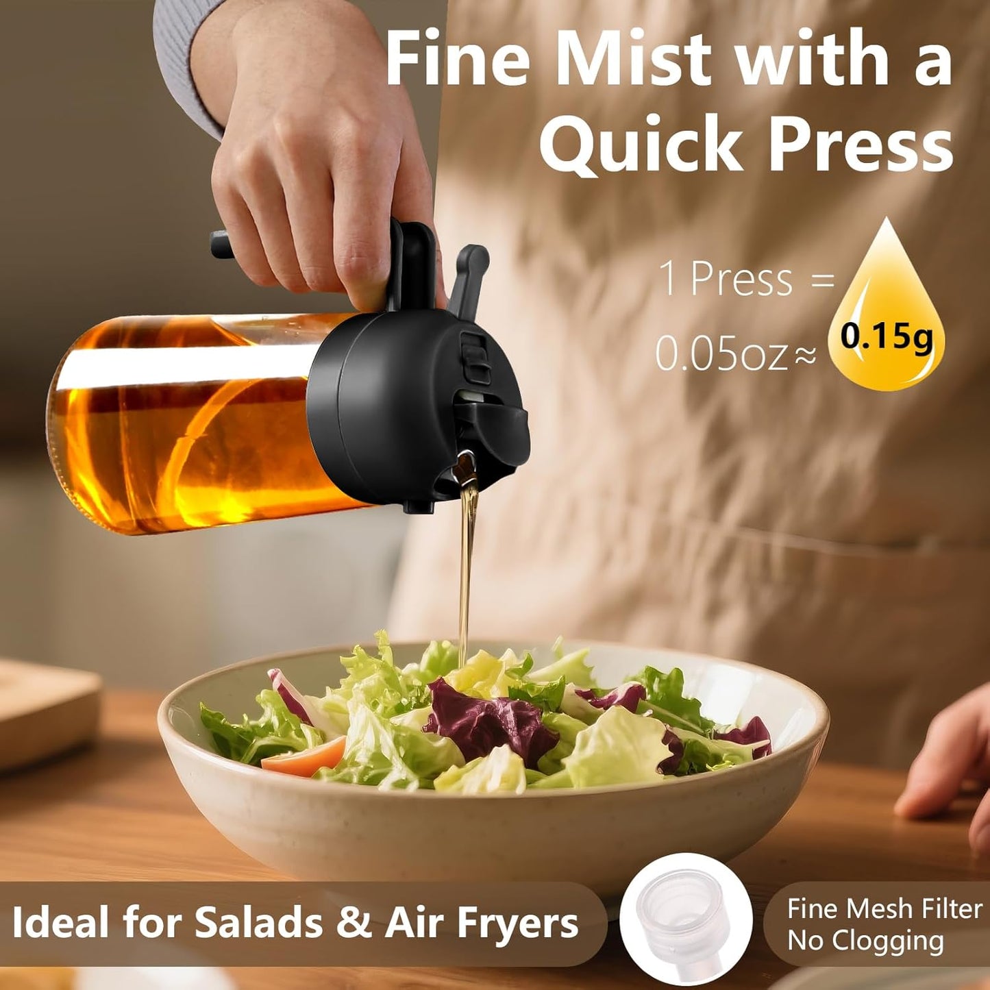 Oil Sprayer for Cooking, 470ml/16oz 2 in 1 Oil Dispenser and Oil Sprayer, Glass Olive Oil Bottle Pourer for Kitchen, Cooking, Salad, Barbecue (Black)