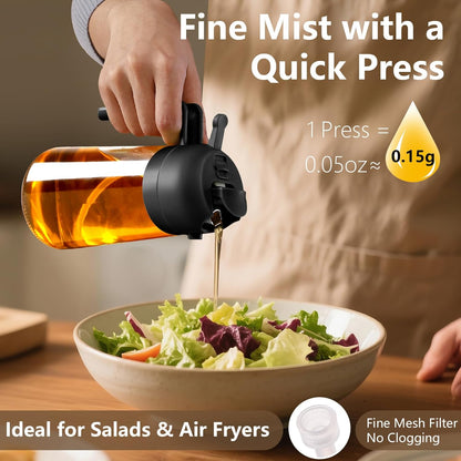 Oil Sprayer for Cooking, 470ml/16oz 2 in 1 Oil Dispenser and Oil Sprayer, Glass Olive Oil Bottle Pourer for Kitchen, Cooking, Salad, Barbecue (Black)
