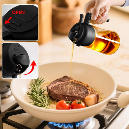 Oil Sprayer for Cooking, 470ml/16oz 2 in 1 Oil Dispenser and Oil Sprayer, Glass Olive Oil Bottle Pourer for Kitchen, Cooking, Salad, Barbecue (Black)