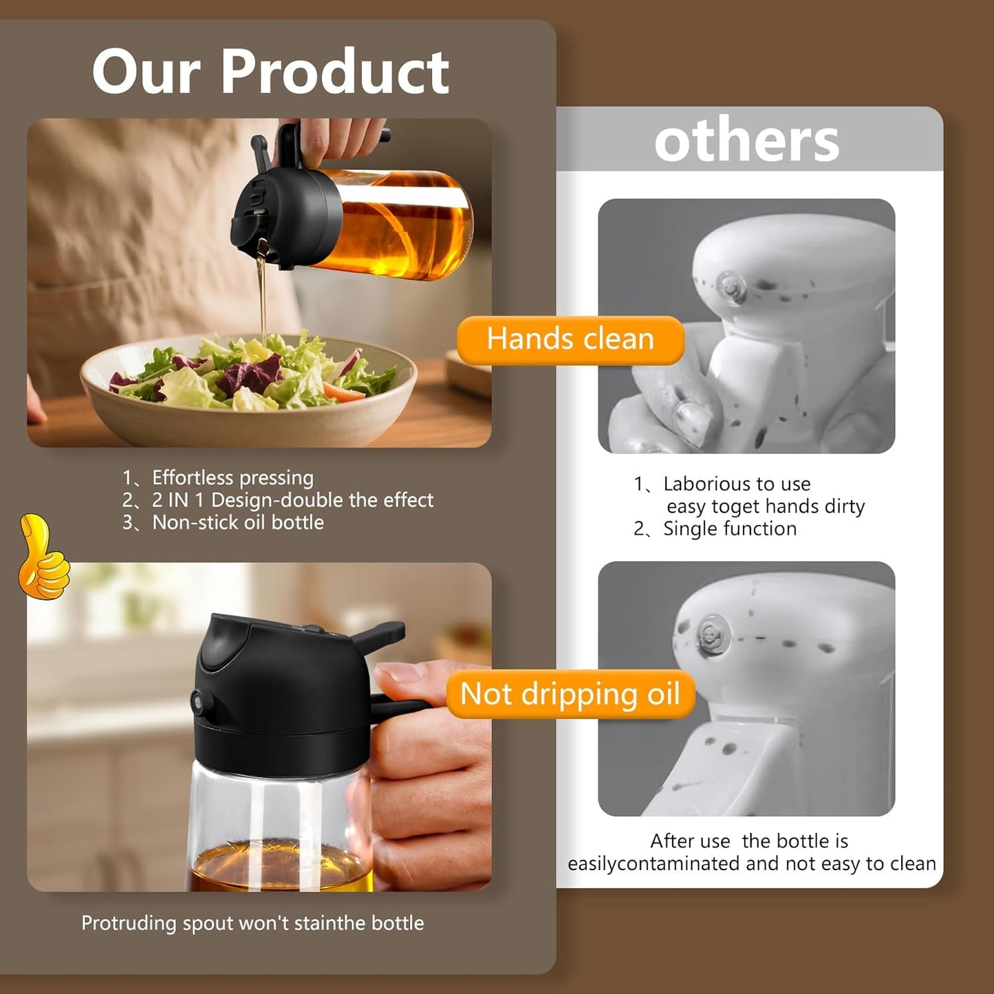 Oil Sprayer for Cooking, 470ml/16oz 2 in 1 Oil Dispenser and Oil Sprayer, Glass Olive Oil Bottle Pourer for Kitchen, Cooking, Salad, Barbecue (Black)