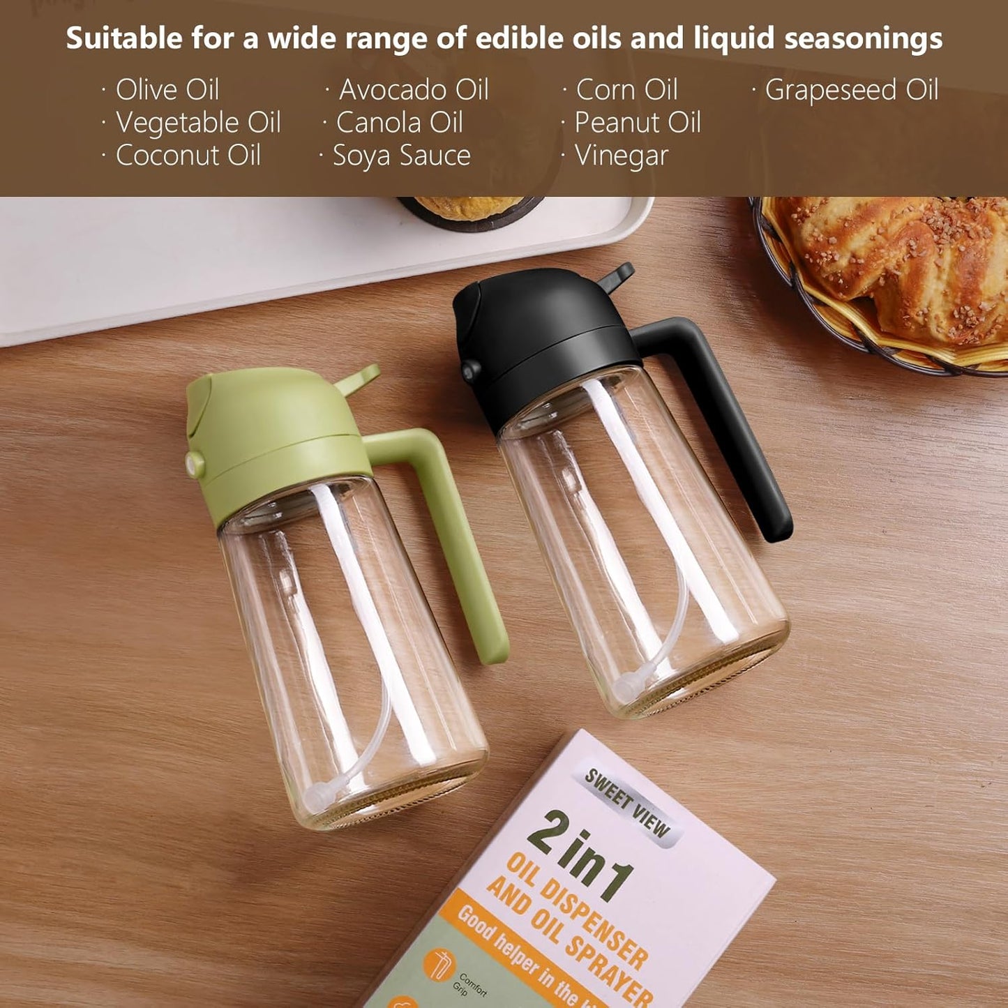 Oil Sprayer for Cooking, 470ml/16oz 2 in 1 Oil Dispenser and Oil Sprayer, Glass Olive Oil Bottle Pourer for Kitchen, Cooking, Salad, Barbecue (Black)