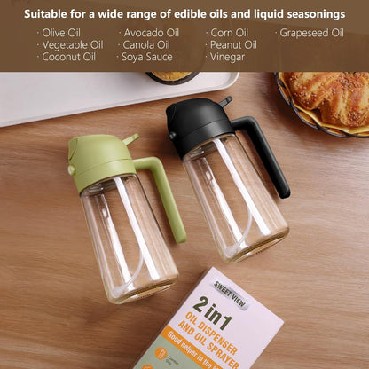 Oil Sprayer for Cooking, 470ml/16oz 2 in 1 Oil Dispenser and Oil Sprayer, Glass Olive Oil Bottle Pourer for Kitchen, Cooking, Salad, Barbecue (Black)