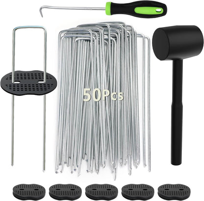 102Pcs 6 Inches Landscape Staples with Gasket Kit. 50Pcs U-Shaped Garden Stakes and Plastic Fixing Gasket, with Pick Hook and Black Hammer. Pins for Tent Turf Weed Barrier Fabric Hose Fence