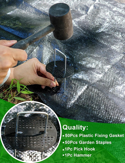 102Pcs 6 Inches Landscape Staples with Gasket Kit. 50Pcs U-Shaped Garden Stakes and Plastic Fixing Gasket, with Pick Hook and Black Hammer. Pins for Tent Turf Weed Barrier Fabric Hose Fence