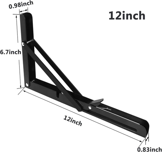 2 Pack 12 Inch Folding Shelf Brackets,  Heavy Duty Metal Wall Mounted Triangle Table Bench Max Load 220lb Collapsible Shelf Hinge with Screws for DIY Bracket, Work Table & Bench
