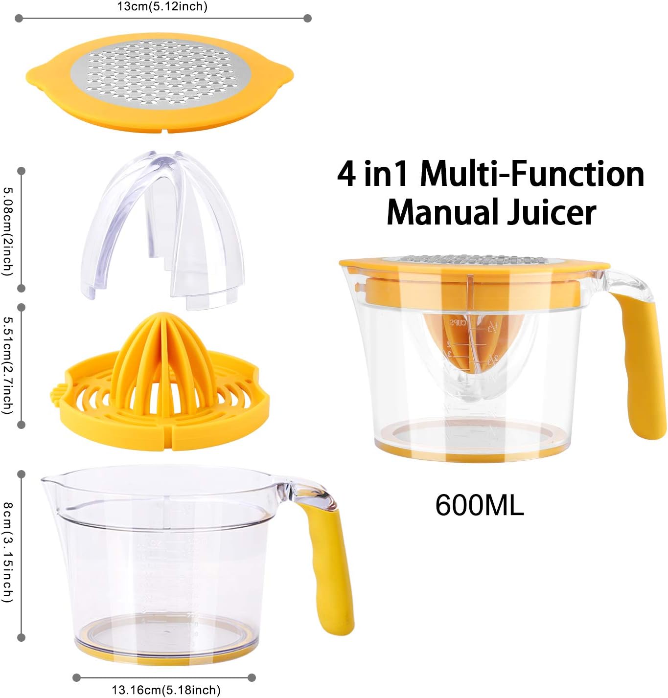 Citrus Lemon Orange Juicer Manual Hand Squeezer, Fruit Juicer Lime Press with Built-in Measuring Cup and Grater and Egg separator, Non-Slip Silicone Handle, 20OZ