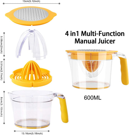 Citrus Lemon Orange Juicer Manual Hand Squeezer, Fruit Juicer Lime Press with Built-in Measuring Cup and Grater and Egg separator, Non-Slip Silicone Handle, 20OZ