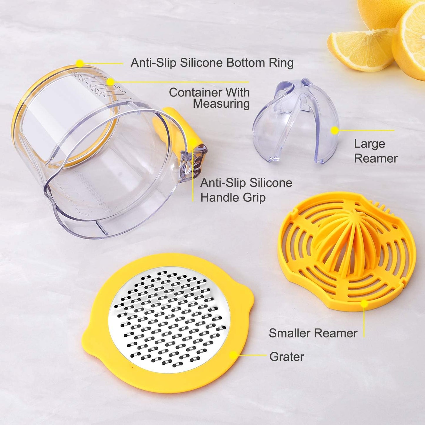 Citrus Lemon Orange Juicer Manual Hand Squeezer, Fruit Juicer Lime Press with Built-in Measuring Cup and Grater and Egg separator, Non-Slip Silicone Handle, 20OZ