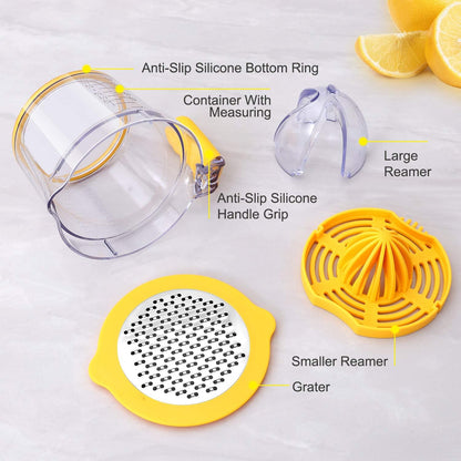 Citrus Lemon Orange Juicer Manual Hand Squeezer, Fruit Juicer Lime Press with Built-in Measuring Cup and Grater and Egg separator, Non-Slip Silicone Handle, 20OZ