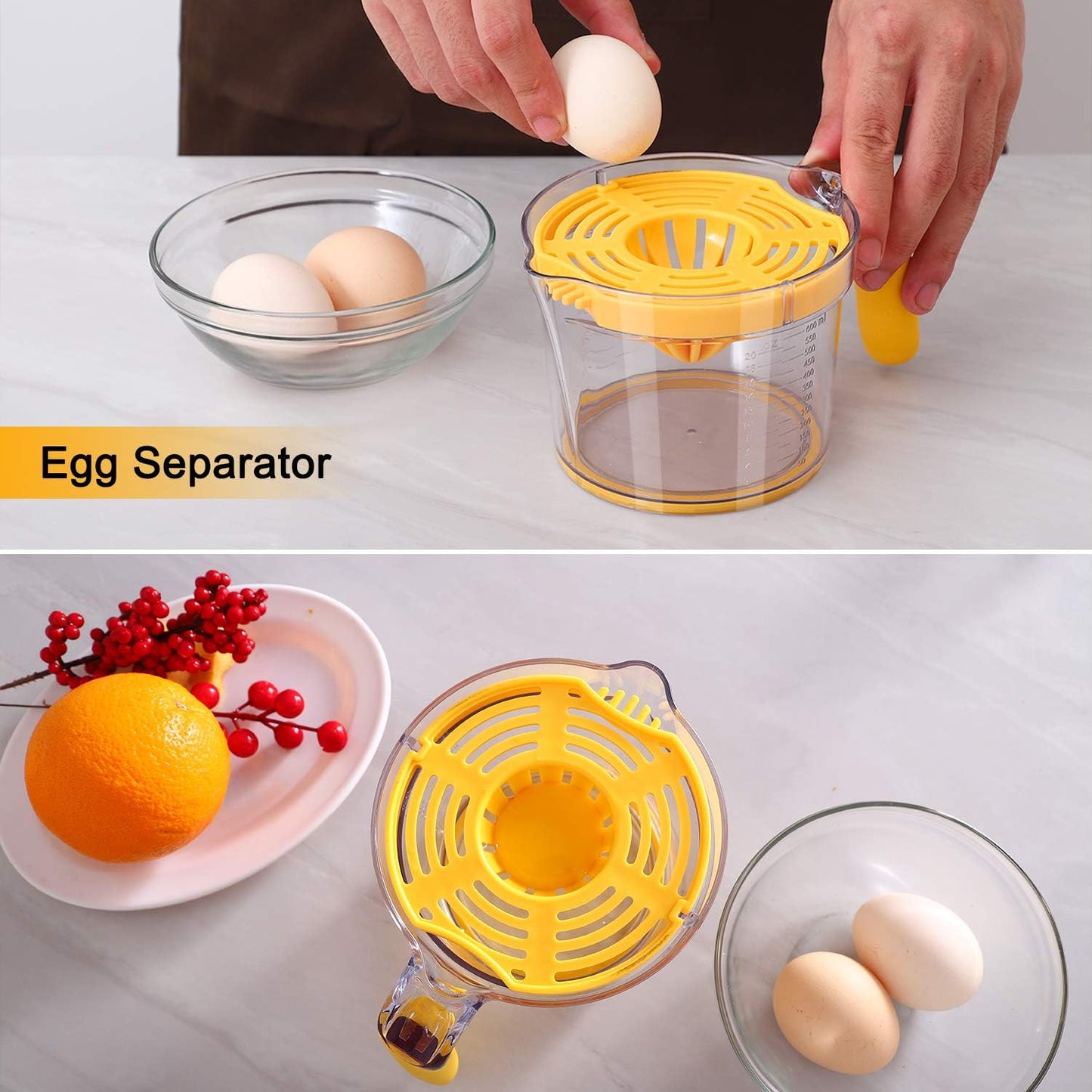 Citrus Lemon Orange Juicer Manual Hand Squeezer, Fruit Juicer Lime Press with Built-in Measuring Cup and Grater and Egg separator, Non-Slip Silicone Handle, 20OZ