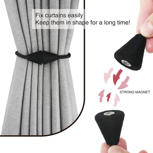 2 Pack Magnetic Curtain Tiebacks Rope Modern Handmade Curtain Tie Backs Decorative Drapes Weave Holdbacks for Window Décor, Black