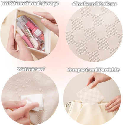 2 Pieces Waterproof Makeup Bag Set for Women, Checkered Cosmetic Bag Travel Toiletry Bag Organizer Cute Small Makeup Bag Aesthetic Accessories Storage Bag for Women, White