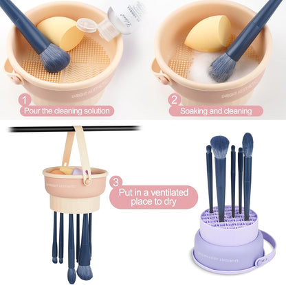 Makeup Brush Cleaner Mat 3 in 1 Silicone Makeup Brush Cleaning Bowl with Drying Holder Brush Cleaning Scrubber Tool Cosmetic Brush Cleaner with Holder for Storage Stand (Pink)