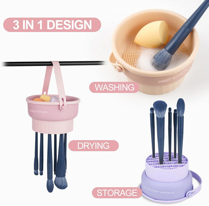 Makeup Brush Cleaner Mat 3 in 1 Silicone Makeup Brush Cleaning Bowl with Drying Holder Brush Cleaning Scrubber Tool Cosmetic Brush Cleaner with Holder for Storage Stand (Pink)