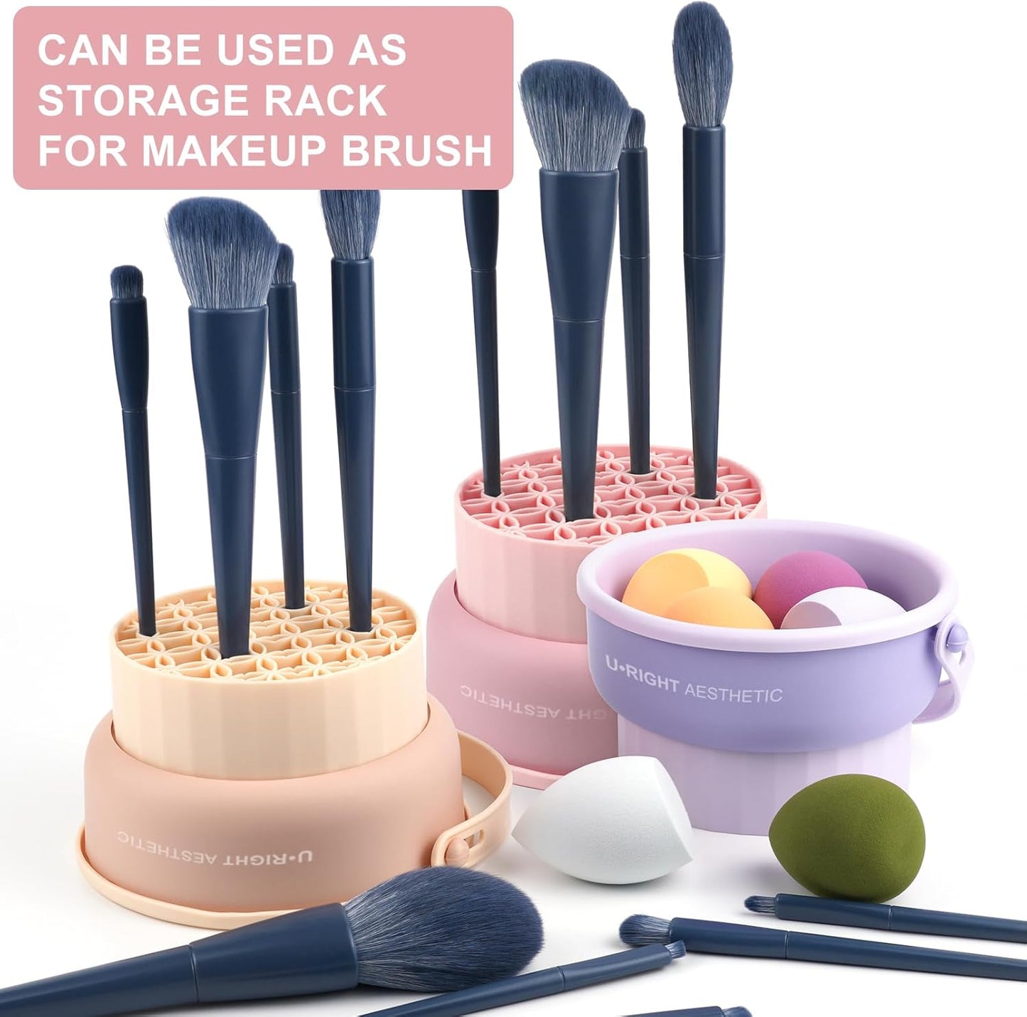 Makeup Brush Cleaner Mat 3 in 1 Silicone Makeup Brush Cleaning Bowl with Drying Holder Brush Cleaning Scrubber Tool Cosmetic Brush Cleaner with Holder for Storage Stand (Pink)