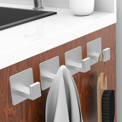 Adhesive Towel Hooks, 4 Pack Sticky Hooks for Hanging Heavy Duty, Coat/Towel Hooks Wall Hooks for Bathroom Kitchen Hotel (Silver)