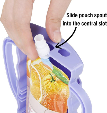 2 Pack Pouch Holder No Squeeze, Baby Food Pouch Juice Boxe Holder with Handle for Food Pouches and Drinks, Blue/Purple