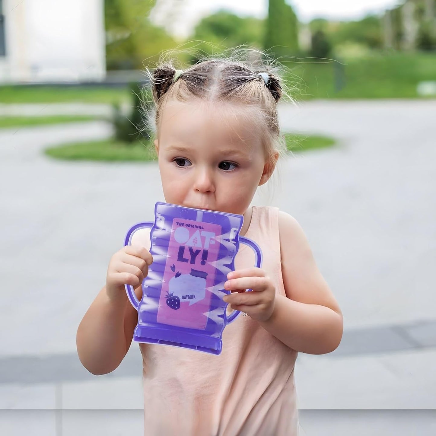 2 Pack Pouch Holder No Squeeze, Baby Food Pouch Juice Boxe Holder with Handle for Food Pouches and Drinks, Blue/Purple