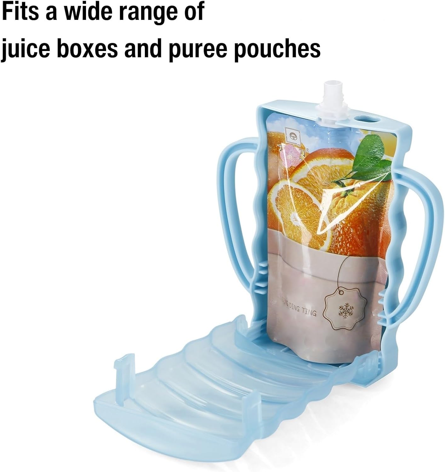 2 Pack Pouch Holder No Squeeze, Baby Food Pouch Juice Boxe Holder with Handle for Food Pouches and Drinks, Blue/Purple
