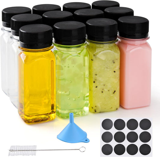 12 pcs 2oz Small Plastic Juice Bottles with Lids，Reusable Leak proof Ginger Shots Bottle with Black caps, Wellness Mini Jars Plastic Containers for Smoothie, Water, Milk and Other Beverages