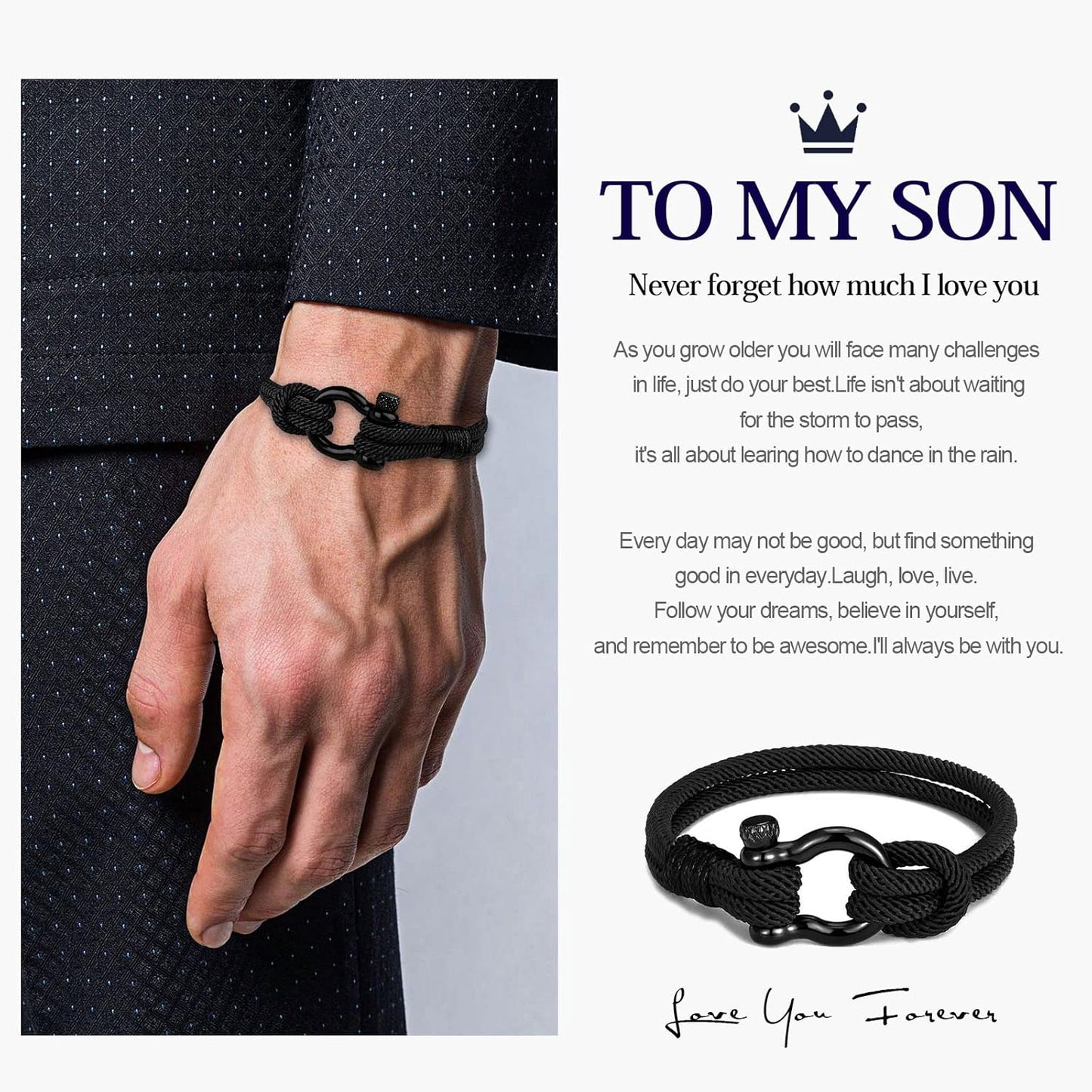 To My Son Bracelet from Mom with Inspirational Love Quotes, I Will Always Be with You Leather Bracelets for Men, Showing Mother Love You Forever, Personalized Custom Men Bracelets Graduation Birthday Back to School Gifts for Son from Mom
