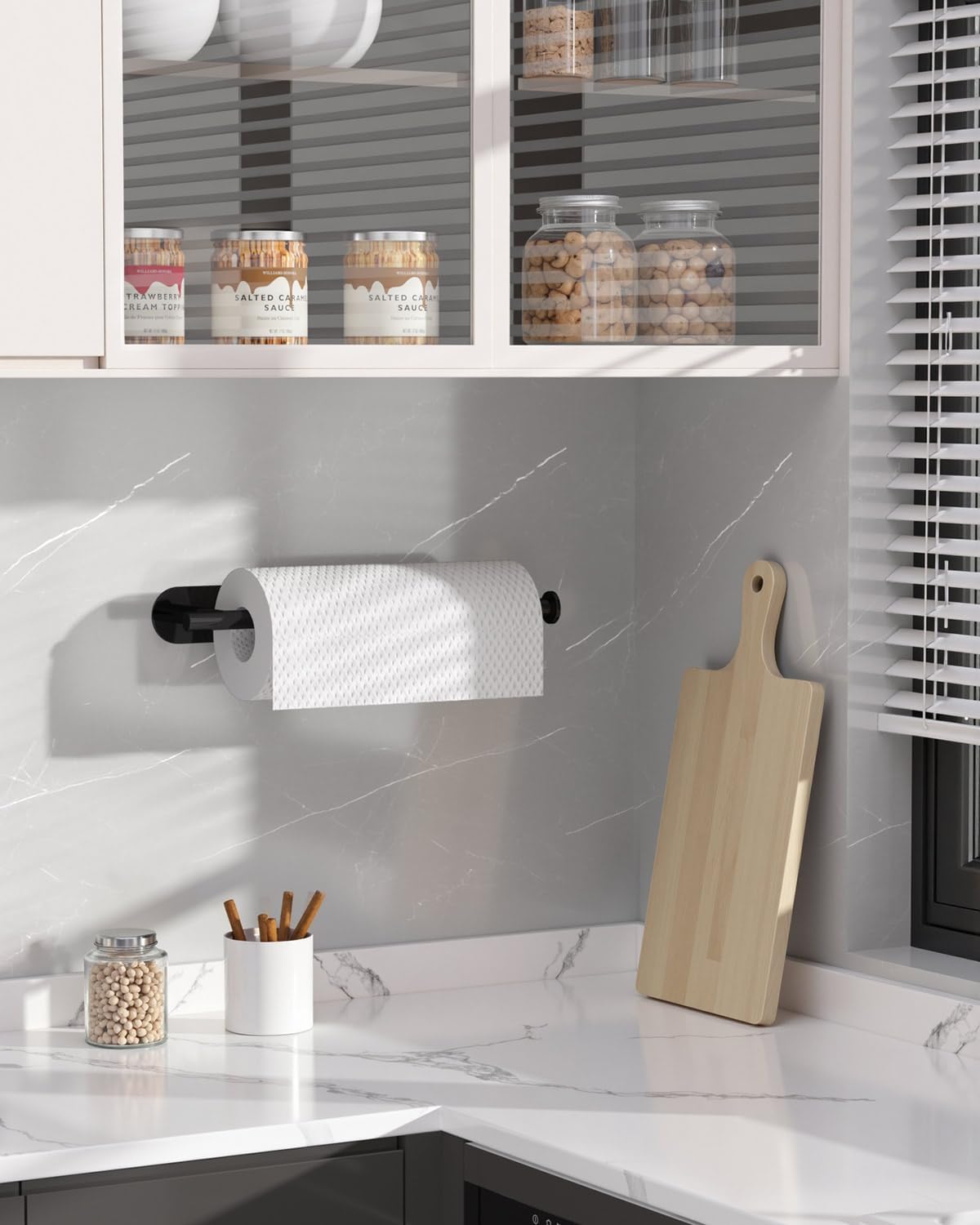 Thickened Steel Paper Towel Holders Under Cabinet for Kitchen, Bathroom, SUS304 Stainless Steel Pipe Hanging Paper Towel Rack Wall Mount, Self-Adhesive and Screws, Black